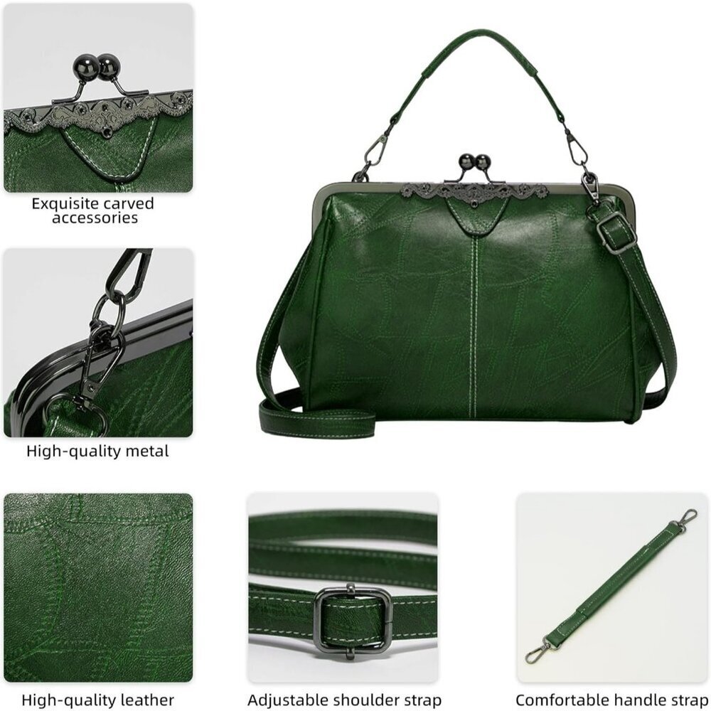 Women's Green Vegan Leather Kiss Lock Elegant Satchel Evening Crossbody Clutch - Picture 3 of 6
